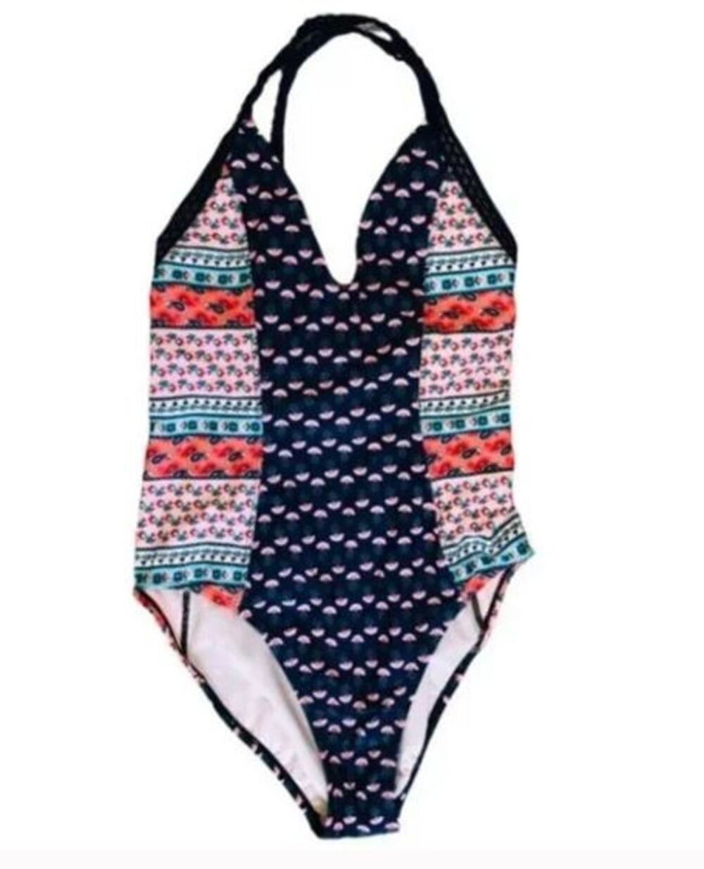 Gossip One Piece Navy Orange White Colorblock Bathing Suit Large